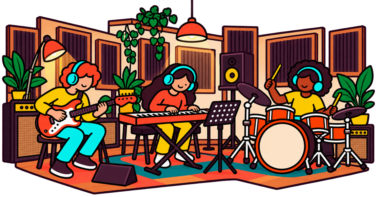 Trois musiciens répètent ensemble en ligne depuis leurs domiciles, chacun avec son instrument et son ordinateur.