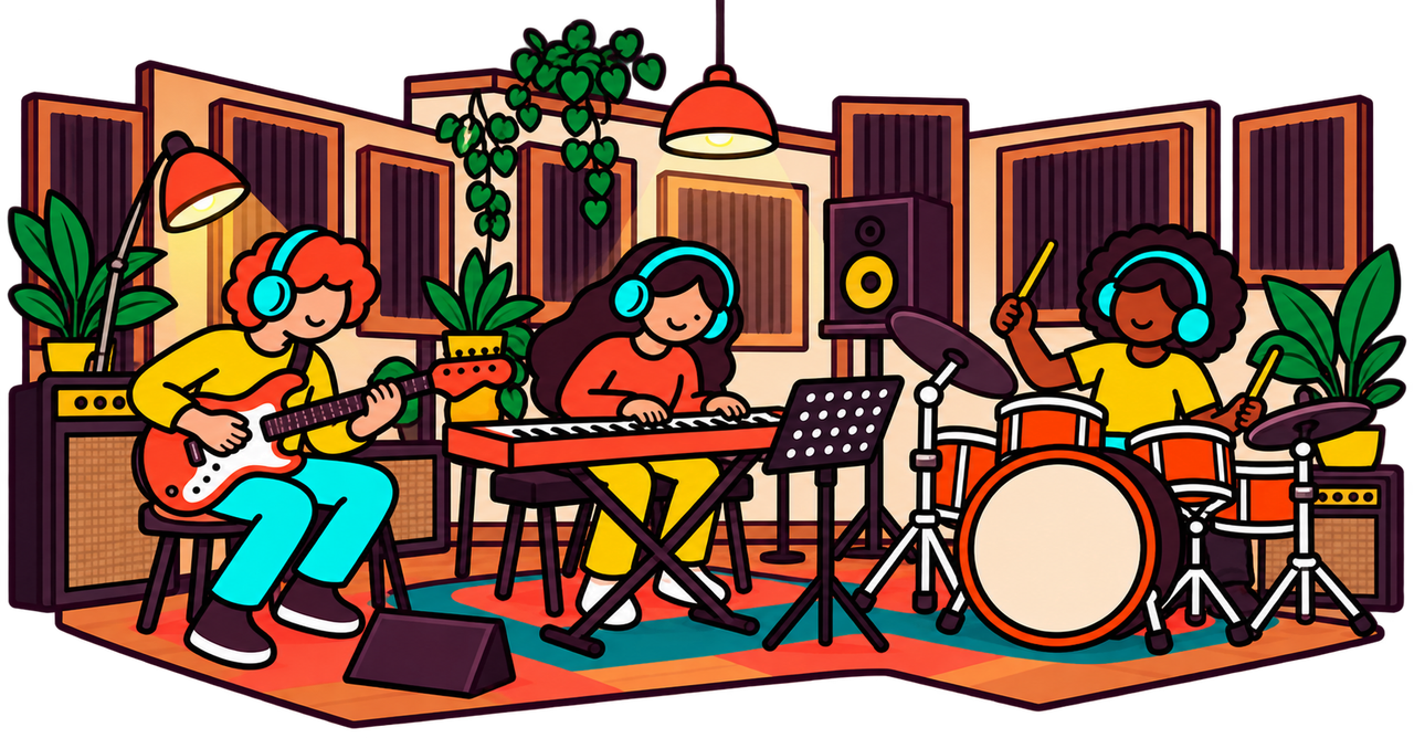 Trois musiciens répètent ensemble en ligne depuis leurs domiciles, chacun avec son instrument et son ordinateur.