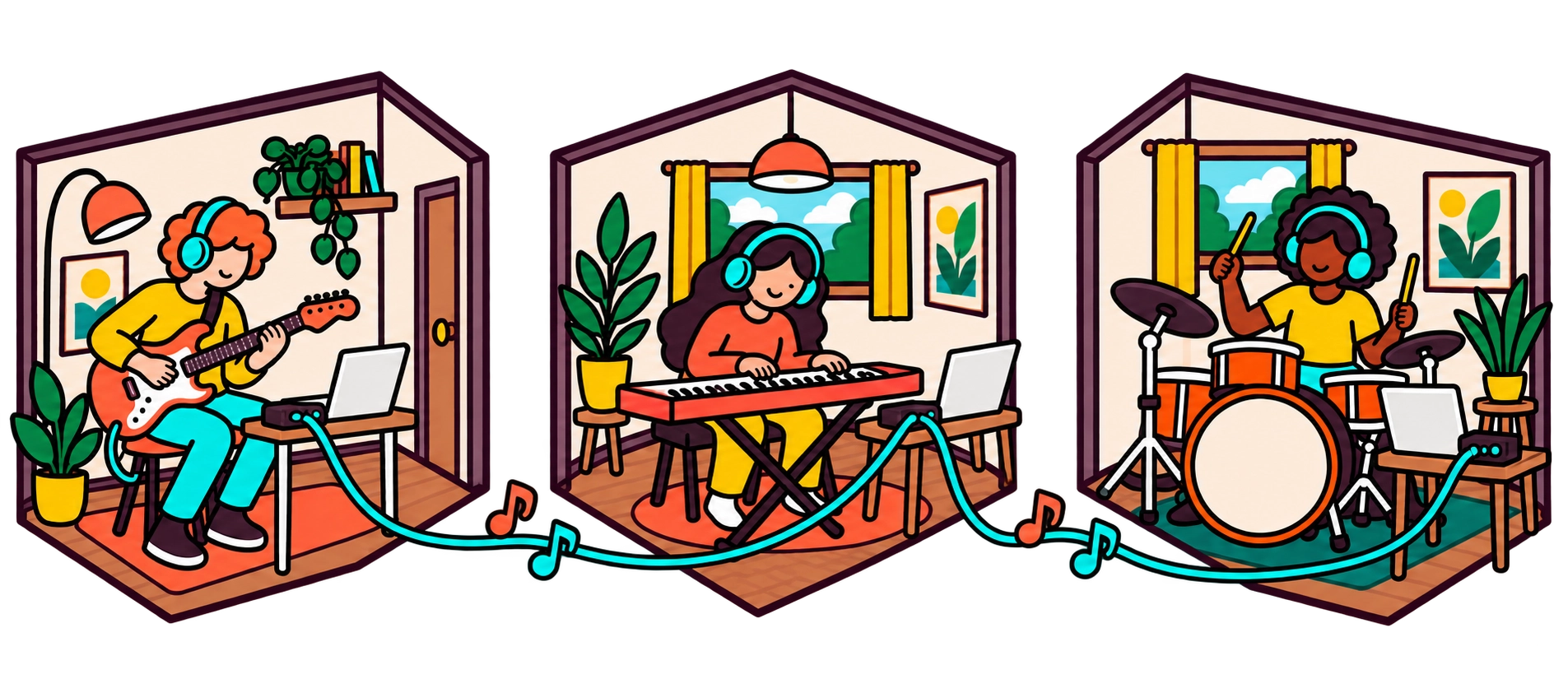 Un guitariste, une claviériste et un batteur répètent depuis leurs logements, avec leurs ordinateurs et interfaces audio reliés par un câble musical