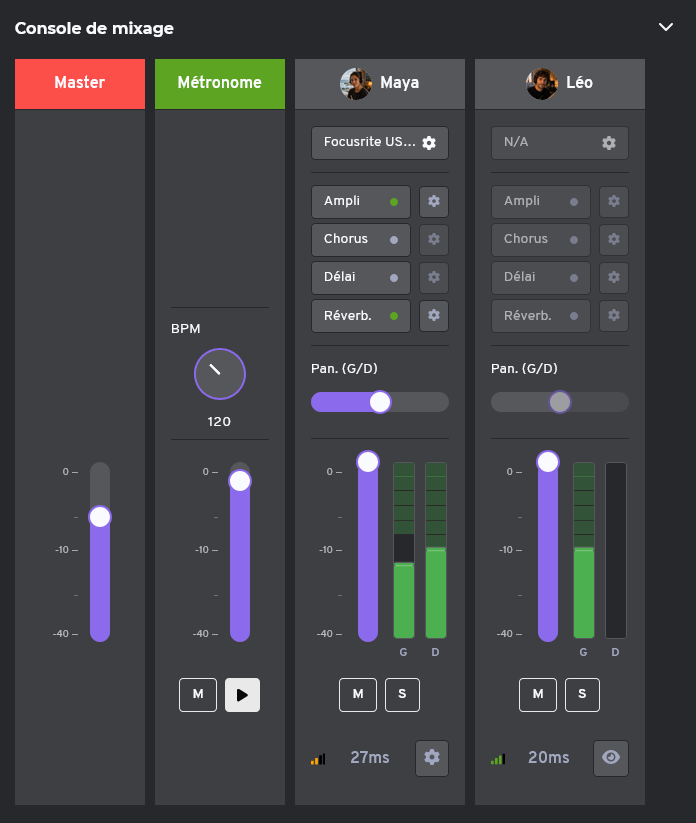 Console de mixage NuCorder montrant les réglages audio personnels de deux musiciens